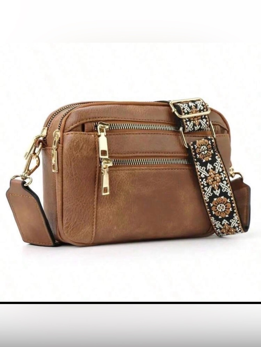 Stylish Brown Crossbody Bag with Embroidered Strap